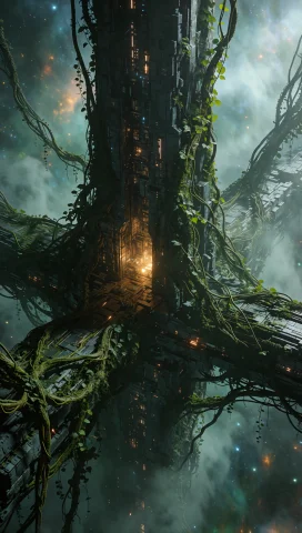 147. Monolithic Space Gateway, Overgrown Alien Vines, Misty... — Stable Diffusion AI Prompt: 147. Monolithic space gateway, overgrown alien vines, misty cosmic atmosphere, c...