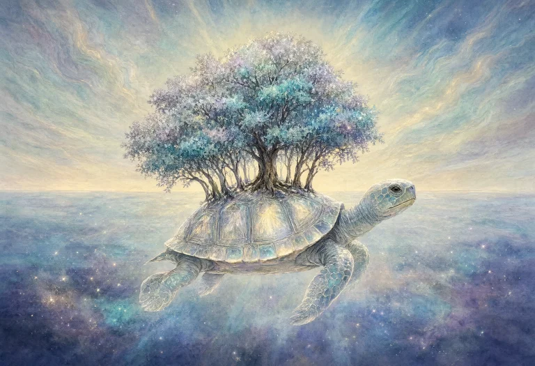 A Colorful Illustration Of A Turtle With A Tree On Top Of It...