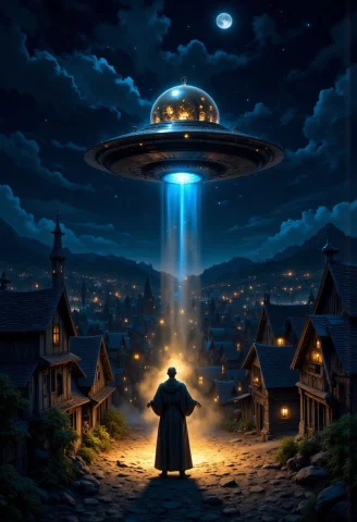 Night, Village, Cartoon Style, Flying Saucer Kidnaps Priest,... — FLUX AI Prompt: night, village, cartoon style, flying saucer kidnaps priest, flying saucer attra...