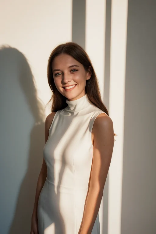 Woman, Smile, High Neck Dress, Warm Light, Shadows