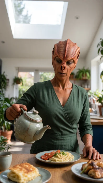 Tmrnfml Alien Woman, Chest-up, Eye-level, Pouring Tea, Neutr...