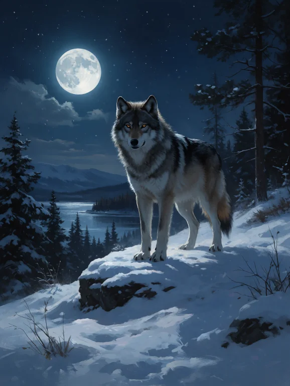 Digital Painting Of A Lone Wolf Standing On A Snowy Hill At...