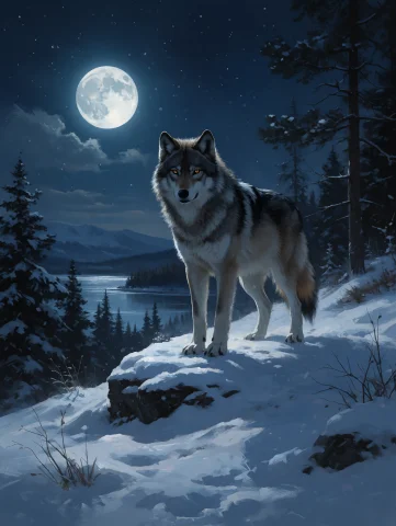 Digital Wolf Snow Midnight — Stable Diffusion AI Prompt: digital painting of a lone wolf standing on a snowy hill at midnight, with a ful...