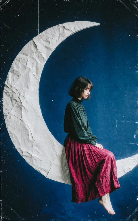 A Surreal Minimalist Scene Featuring A Woman In A Dark Green...