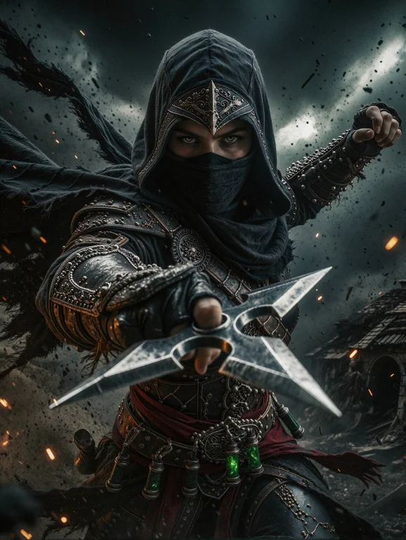 Cinematic Dark Fantasy Portrait Of A Female Hooded Assassin...