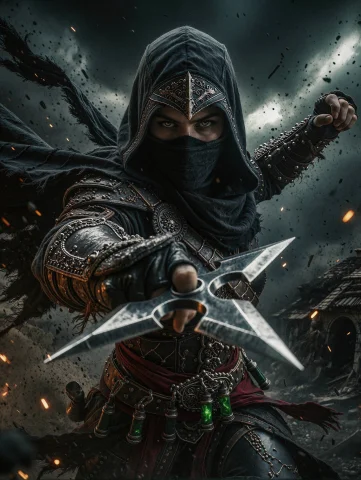 Cinematic Dark Fantasy Portrait Of A Female Hooded Assassin... — Stable Diffusion AI Prompt: Cinematic dark fantasy portrait of a female hooded assassin lunging toward the c...