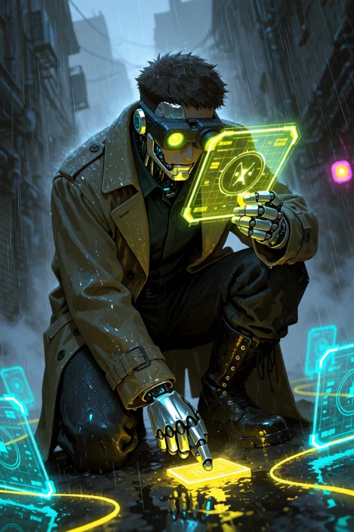 Df5tyle, Cyber-detective Kneeling At A Crime Scene In A Rain...