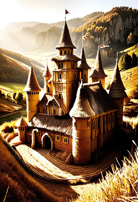 A Majestic Medieval Castle Built From Woven Golden Straw, De...