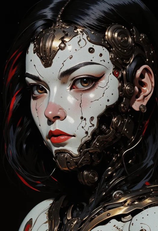 Closeup Portrait A Ceramic Oriental Cyberpunk Cyborg Girl, B...