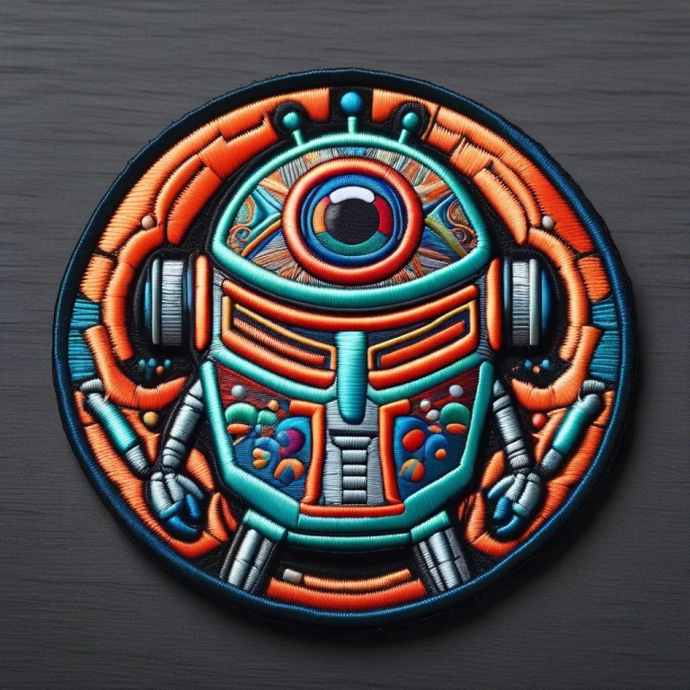 A Circular Embroidered Patch Featuring A Friendly Retro-futu...