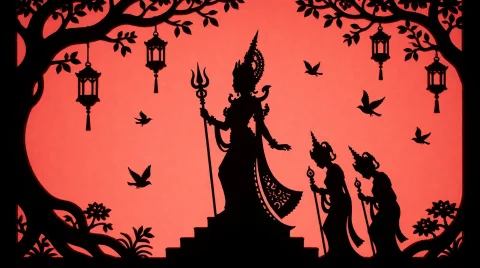 Black Shadow Silhouettes Contrast Sharply Against A Luminous... — Stable Diffusion AI Prompt: Black shadow silhouettes contrast sharply against a luminous coral-red backgroun...