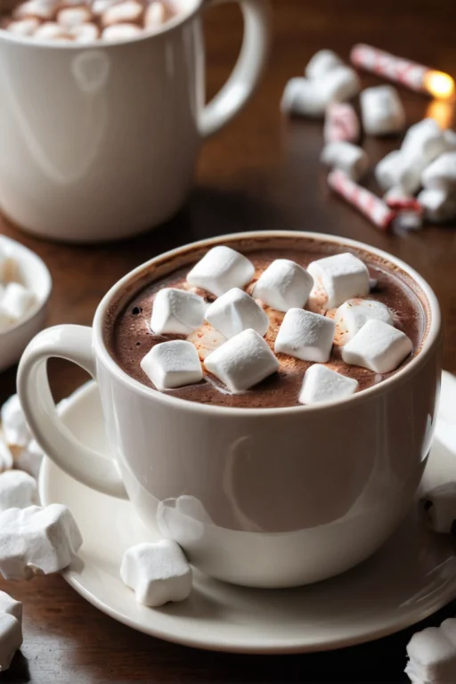 A Steaming Mug Of Hot Chocolate Topped With Marshmallows, Pe...