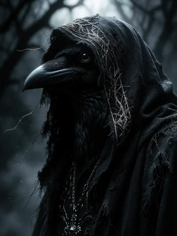 A Dramatic, Extreme Close-up Of A Crows Head And Shoulders D... — Stable Diffusion AI Prompt: A dramatic, extreme close-up of a crow's head and shoulders draped in a tattered...