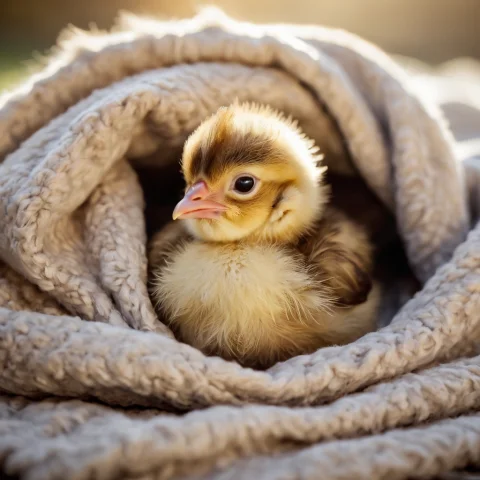 A Cute Baby Chicken Snuggles Up In A Blanket Of Short Fur. I... — SDXL AI Prompt: a cute baby chicken snuggles up in a blanket of short fur. idyllic background, o...