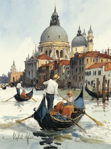 Bradhamel Art Style. A Vibrant Watercolor And Ink Sketch Of... — Stable Diffusion AI Prompt: Bradhamel art style. A vibrant watercolor and ink sketch of Venice, featuring go...