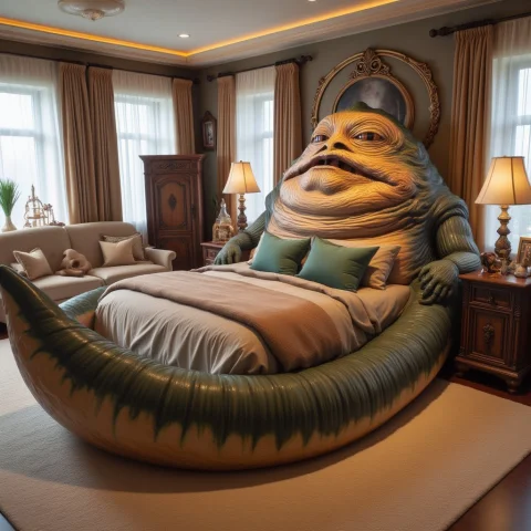 This Is A Star Wars Themed Bedroom With Jabba The Hutt Shape... — FLUX AI Prompt: This is a star wars themed bedroom with jabba the hutt shaped bed with green pil...