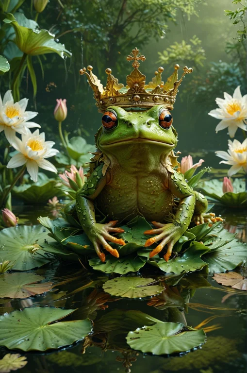 A Frog Wearing A Crown And Sitting On A Makeshift Throne Of...