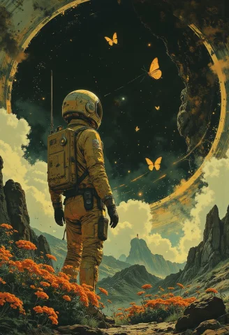 An Astronaut Standing Sideways On With His Head Raised. Smal... — FLUX AI Prompt: an astronaut standing sideways on with his head raised. Small bright yellow butt...