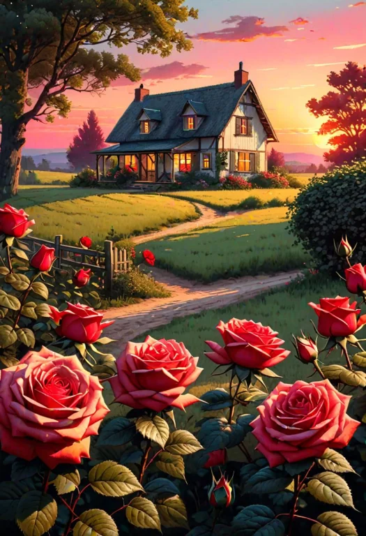 Landscape, Sun Down, Red Sky, Saturated Colors, Field Of Ros...