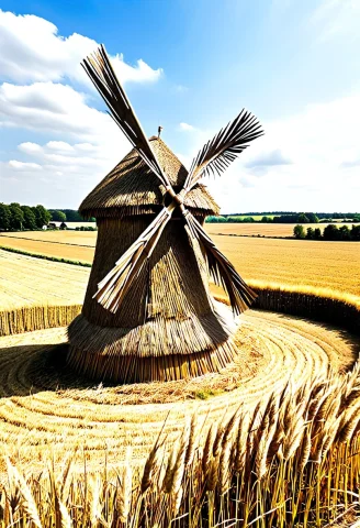 A Dutch Windmill Built Entirely Of Bound Straw And Woven Hay... — SDXL AI Prompt: A Dutch windmill built entirely of bound straw and woven hay, spinning blades ma...