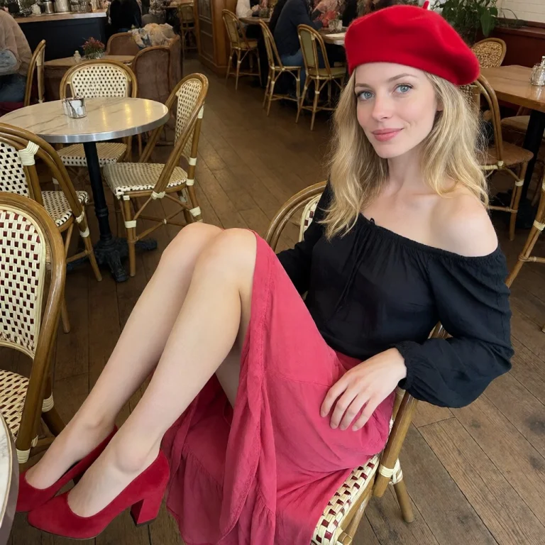 A Photo Of A Blonde Woman Sitting In A Cafe With Blue Eyes....