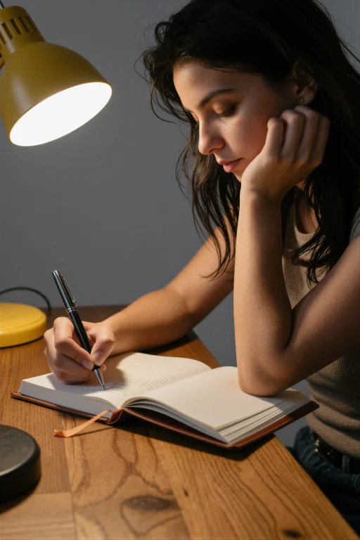 A Woman Writes Slowly In A Leather Journal At A Wooden Desk,...