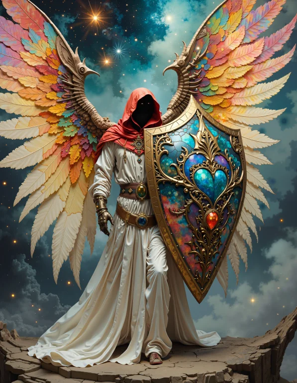 Mysterious Angel With Flowing White Robes And A Billowy Red...