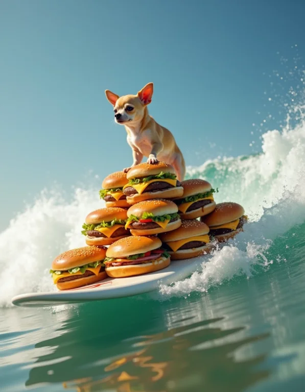 Photo Realistic Chihuahua On A Surfboard Riding A Wave, Larg...