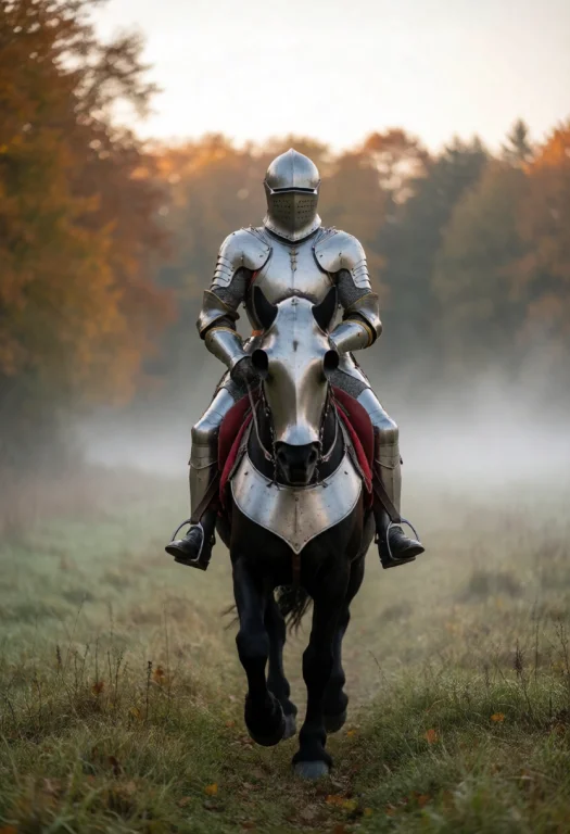 A Mounted Knight In Horse Armor  Chanfron, Crinet, Peytral V...