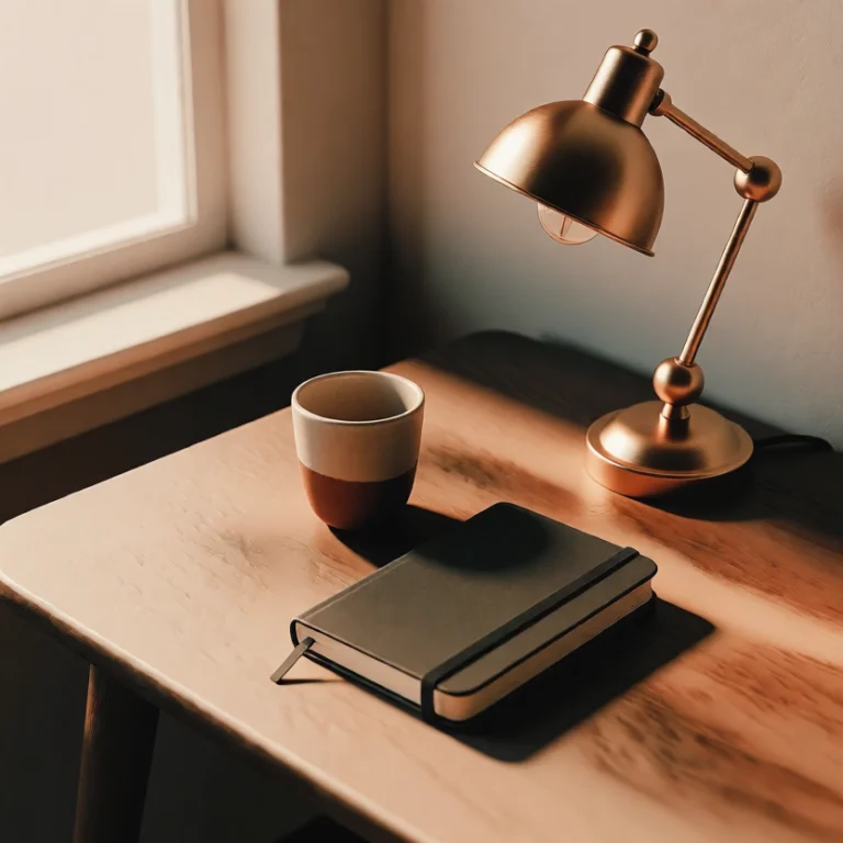 A Wooden Desk Holding A Closed Notebook, A Ceramic Cup And A...