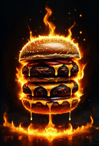 Epic Flames Burger Photo Prompt — SDXL AI Prompt: An epic photo of a burger made of flames, flamestyle, masterpiece, best quality,...