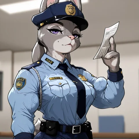 Shirrgna Style Furry Policewoman — Stable Diffusion AI Prompt: Shirrgna_Style, (masterpiece:1.2), newest, byunp, judy hopps, furry, muscular fe...
