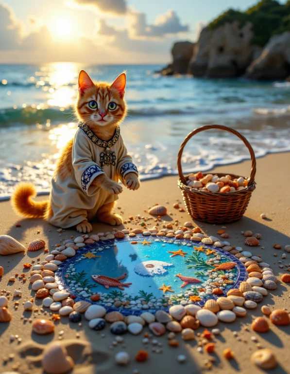 An Anthropomorphic Cat Stands On A Sunlit Beach, Crafting A...