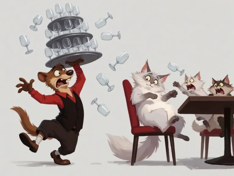 Fox Waiter Dropping Tray Of Wine Glasses Cats Panicking At T...
