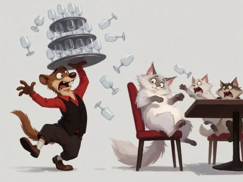 Fox Waiter Juggling Cats Prompt — Stable Diffusion AI Prompt: 🍷 fox waiter dropping tray of wine glasses cats panicking at table cartoon styl...