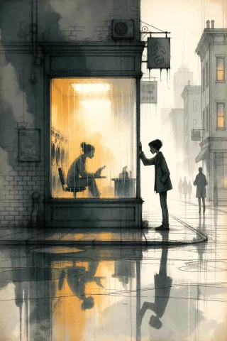 Strangedaal. Subject A Laundromat With A Fogged Plate-glass... — Stable Diffusion AI Prompt: StrangeDaal. SUBJECT: A laundromat with a fogged plate-glass window, a lone figu...