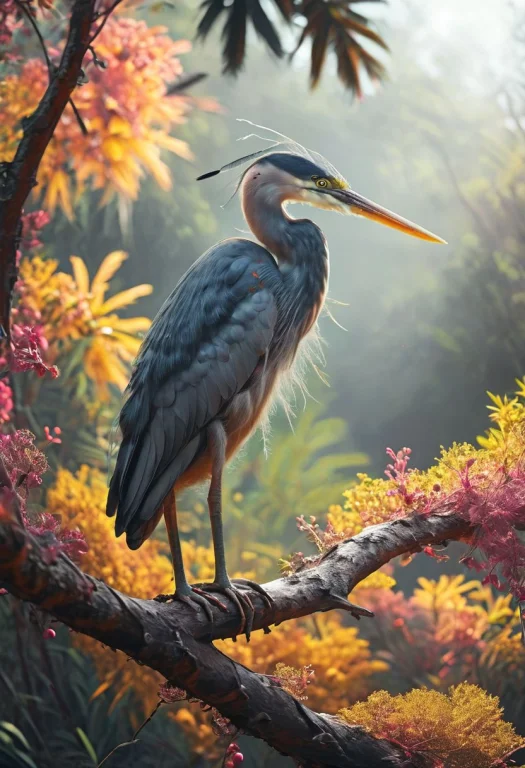 A Heron Sitting On A Thick Branch , Glowing Iridescent Feath...