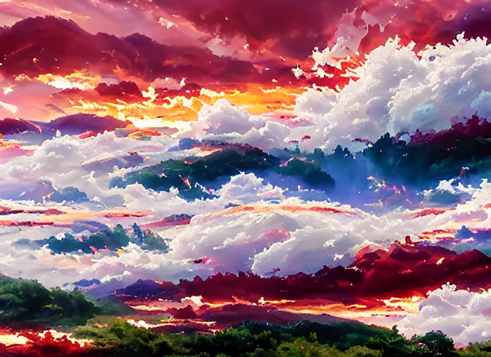 Anime Style Discodifland , Swarming Fluffy Clouds, Oil On Ca...