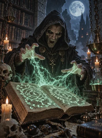 Lorakreadarkfantasykrea23349621epoch101a Dark Sorcerer Insid... — Stable Diffusion AI Prompt: A dark sorcerer inside an ancient tower library, casting a forbidden spell over...
