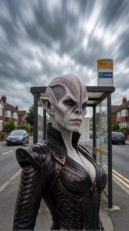 Rmnfml Alien Woman, Chest-up, Eye-level, Standing At Bus Sto...