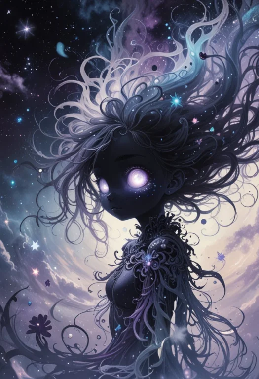 Cosmic Spirit Creature, Ethereal, Flowing Hair, Starry Nebul...
