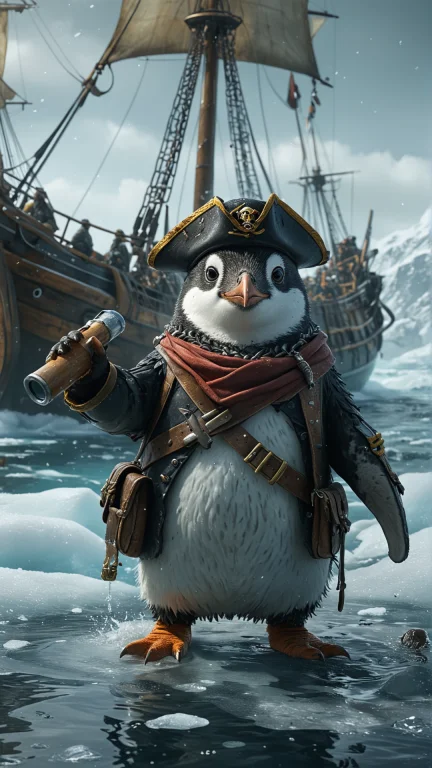 A Penguin In A Pirate Outfit, Leading A Ship Of Penguin Pira...