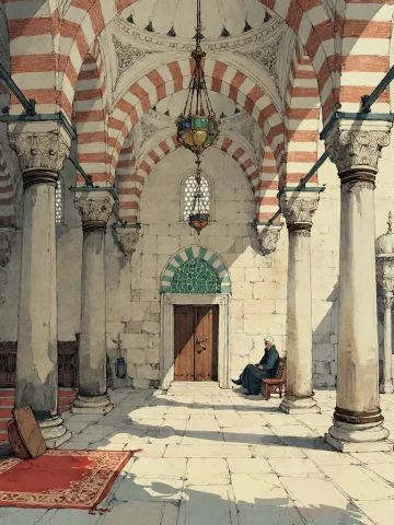 Historic Mosque Interior — Stable Diffusion AI Prompt: Bradhamel art style.**** A long, sunlit interior hallway of a historic Ottoman m...