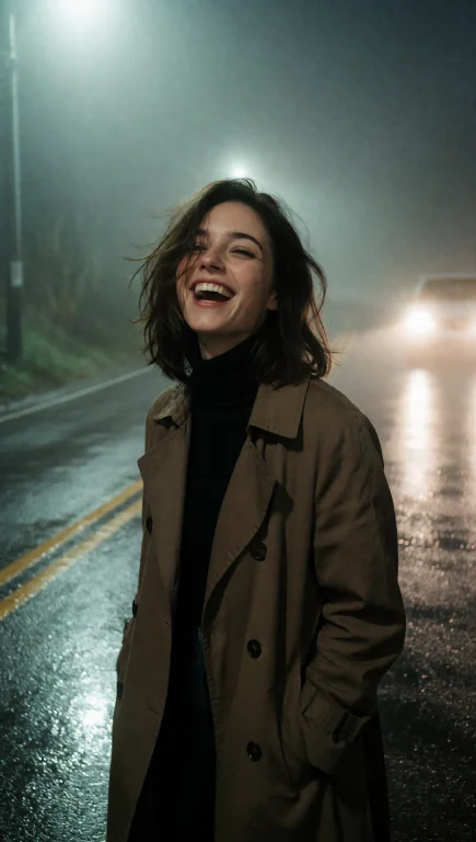 A Young Woman Stands In The Center Of A Wet, Foggy Road At N...