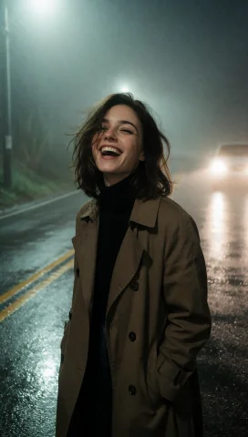 A Young Woman Stands In The Center Of A Wet, Foggy Road At N... — Stable Diffusion AI Prompt: A young woman stands in the center of a wet, foggy road at night, captured from...