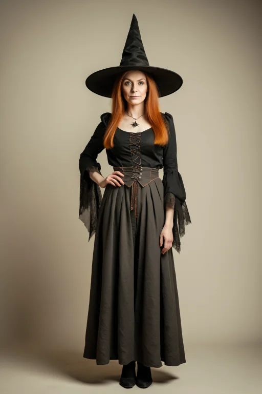 A Fully Dressed Witch, Full-body Portrait, Neutral Backgroun...