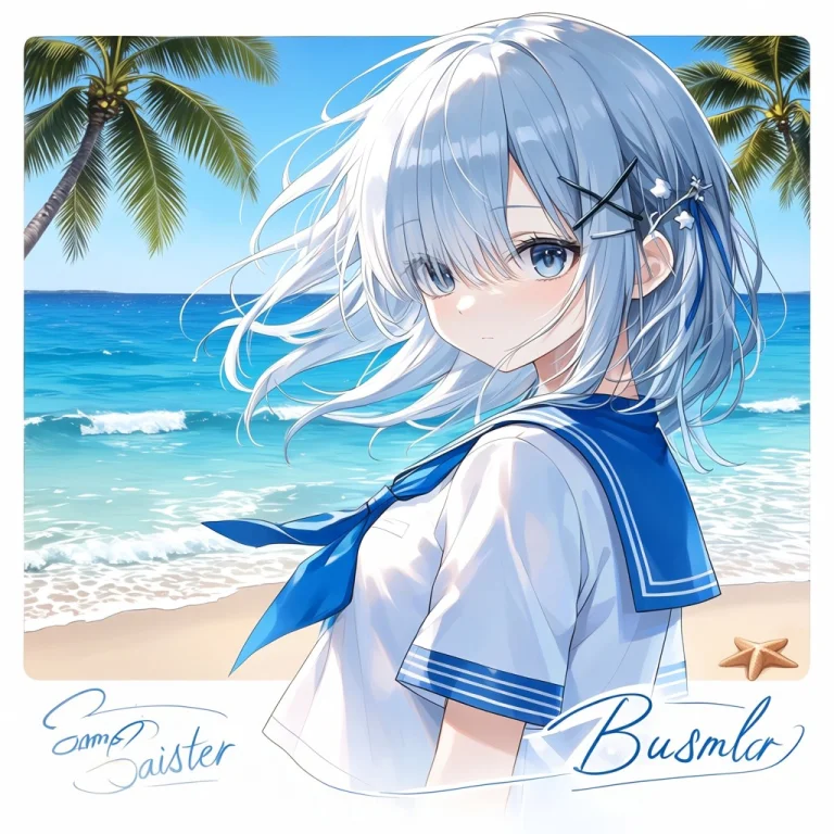 Best Quality, 1girl, Beach, Hair Ornament, Palm Tree, Blue E...