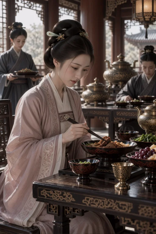 中距离侧身坐姿人物画面，一名年轻中国女子坐在宴席木案旁，身体...