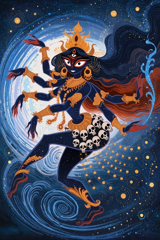 Painting Style Of A Hindu Goddess Dancing In The Swirling Co...