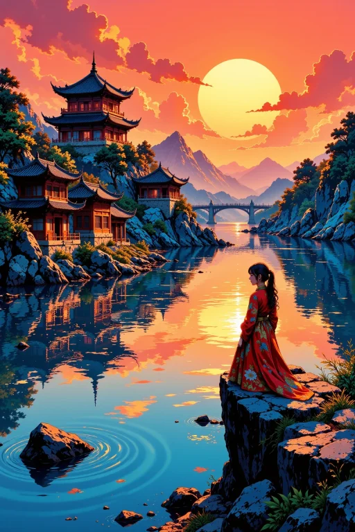 A City On The Water Beautiful Landscape, Sunset, Woman, Very...